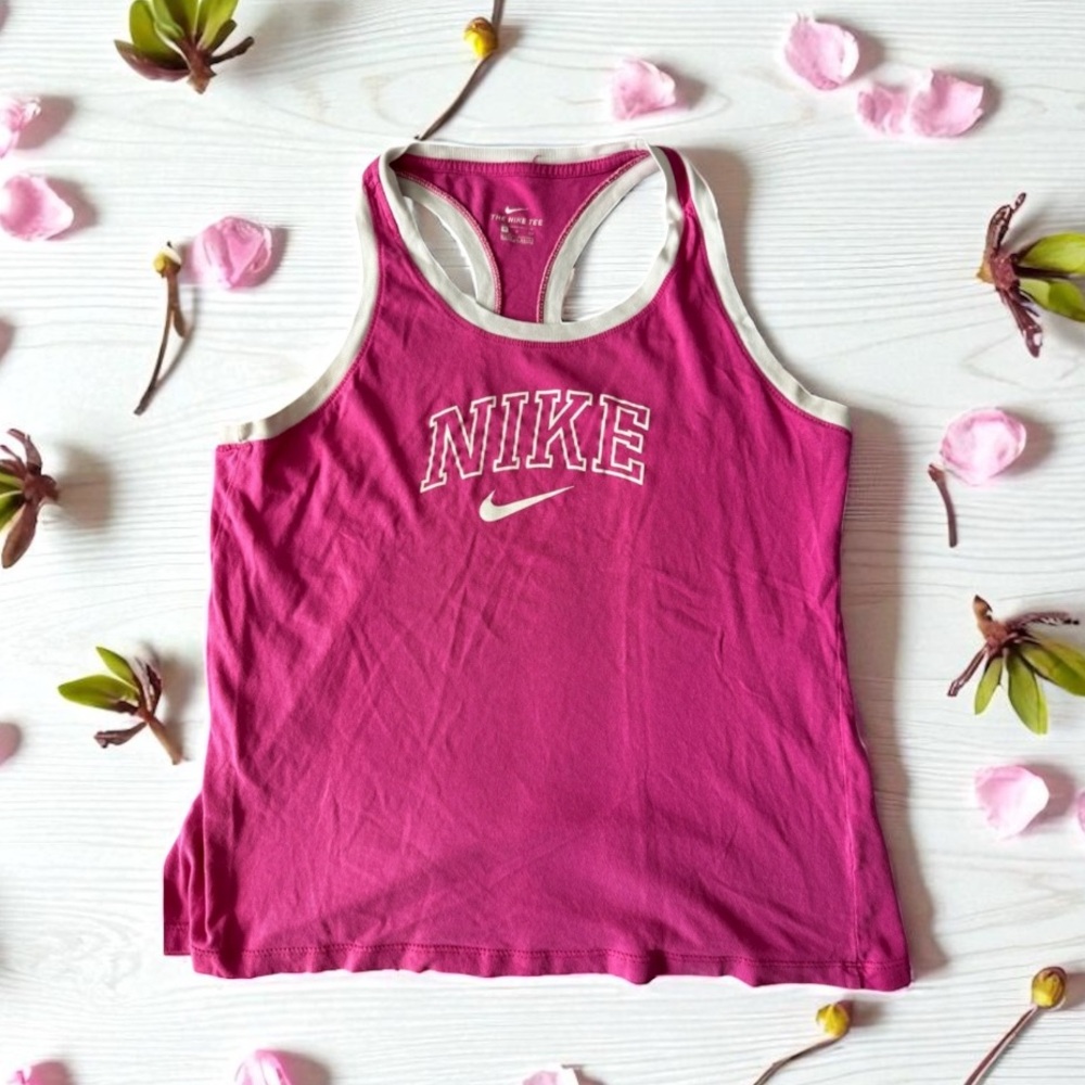 Nike Tee Women M Pink Racer Back Active Wear Workout Logo Spell Out size small